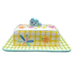 Noble Excellence BUTTERFLY QUILT Ceramic Covered Butter Dish Flowers Butterflies